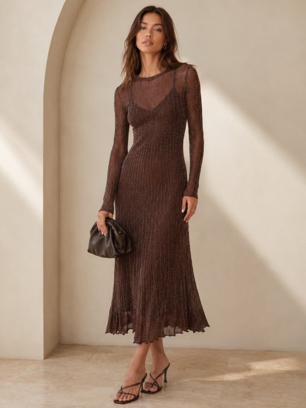 TUCKERNUCK Moon River Exclusive Brown Long Sleeve Shimmer Maxi Dress $148 MSRP